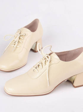 牛皮35-38莱尔斯丹le saunda米白色系带小皮鞋单鞋女低方跟显年轻