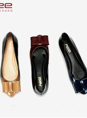 34-39牛漆皮 Aee爱意 浅口圆头女单鞋渐变色圆头平底蝴蝶结显脚瘦