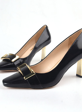 牛皮34-38恋尚萝莎Linea Rosa 金属方扣浅口女中跟鞋高档名媛单鞋