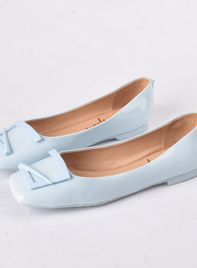 牛漆皮34-38恋尚萝莎Linea Rosa 蓝色方头女平底浅口方扣单鞋女鞋