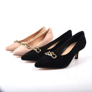 金属链条装饰尖头浅口单鞋女中跟细高跟百搭职场鞋绒面羊皮真皮