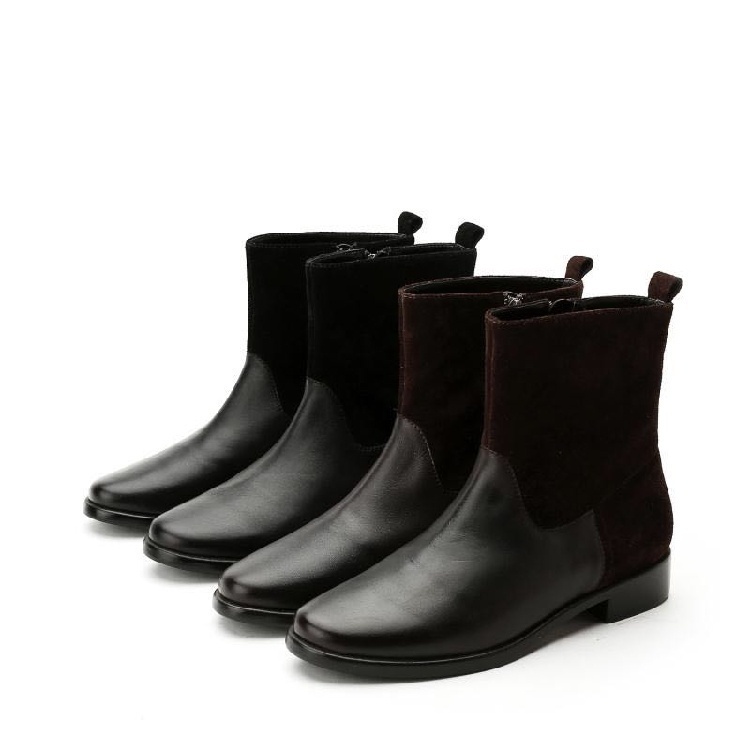 爱柔仕牛皮圆头简约拼接拉链短靴
