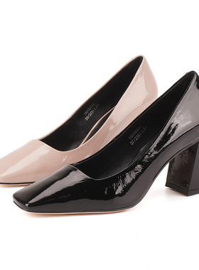 37/39牛皮shellys 温柔粉玛丽珍女设计感小众复古浅口粗高跟单鞋