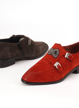 36-39 头层羊皮shellys英国 乐福鞋单鞋女平底软底久站不累脚红色