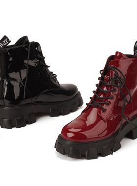 38-39漆皮 shellys英国 黑色烟筒靴女英伦短靴中跟厚底显瘦靴帅气