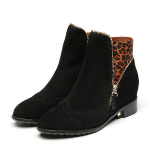 牛皮Aee爱意34-36内增高短靴 豹纹黑拼接圆头金属拉链低中跟方根