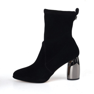 黑色时尚 Rosa 靴女粗跟高跟弹力瘦腿中靴短靴 38恋尚萝莎Linea