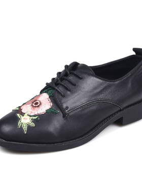 35-39牛皮shellys英个性钻饰复古女单鞋粗跟圆头日常乐福鞋小皮鞋