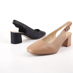 极简风方头粗跟包头后拉带单鞋女通勤轻便真皮高跟鞋牛皮粗跟