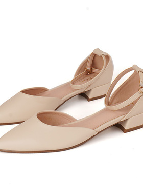 瑕疵处理！34-40牛皮ZUSE 米白色黑尖头浅口中空低简凉鞋法式单鞋