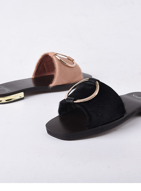 35/37/39胎羊毛Shellys 猪皮里金属圈简洁优平底凉拖鞋女方头气质