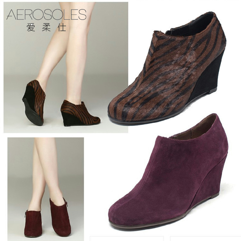 羊皮爱柔仕马毛酒红短靴豹纹