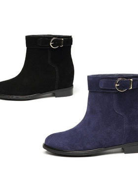 33-37牛皮Aee爱意 蓝色套筒短靴 内增高女圆头简洁金属搭扣中跟黑