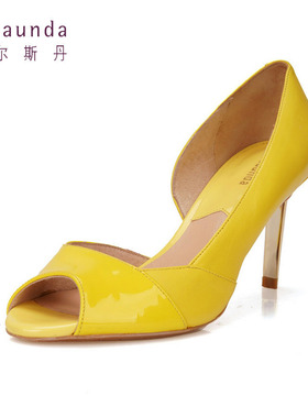 头层牛皮38-莱尔斯丹le saunda黄色高跟防水台性感细跟女鱼嘴单鞋