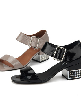 35-39头层牛漆皮 shellys英国 钻跟双带包跟简洁凉鞋女夏季低方跟