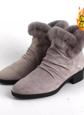 羊皮34-36莱尔斯丹 保暖兔毛口毛毛灰色侧拉链秋2025冬平底短靴女