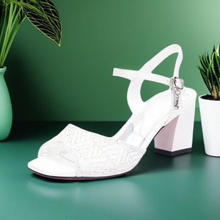 真皮中高跟粗跟凉鞋 白色淑女舒服夏季 烫钻ZUSE水钻网纱镂空 牛皮