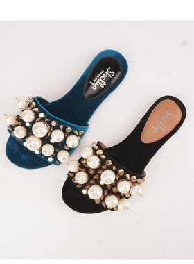 35羊皮内猪皮shellys英国 大珍珠新款春夏平底懒人气质金属凉拖鞋