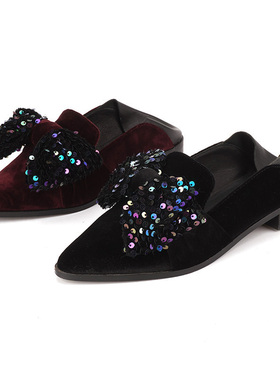 35-36天鹅绒 Shellys英国 两穿亮片大蝴蝶结单鞋浅口平底尖头拖鞋