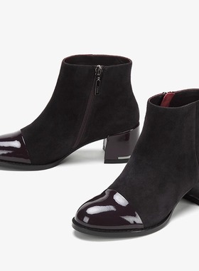 羊京牛漆皮Aee爱意 蓝色紫色圆头方粗跟拼接知性赫本风短靴低筒靴