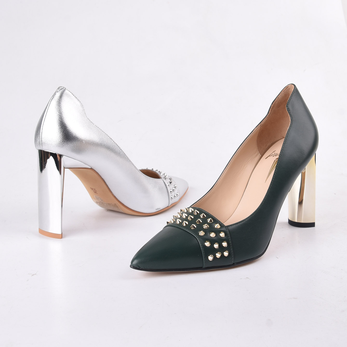 恋尚萝莎铆钉银色高跟鞋深绿色女