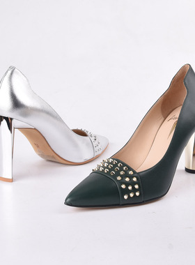 36/38 羊皮牛皮 Linea Rosa恋尚萝莎 1798￥铆钉银色高跟鞋绿色女