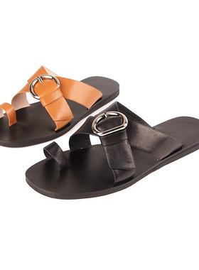 35/38头层小牛皮shellys英国 套趾圆扣中性夏新款欧美平跟凉拖女