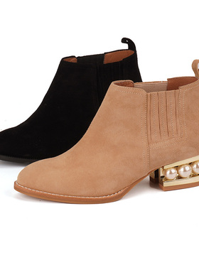 牛皮shellys英国35-39珍珠切尔西短靴女新款靴子马丁靴瘦瘦靴单靴