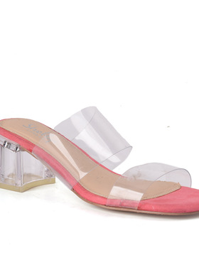 艾妙AMIU专柜 浅蓝色凉鞋女2025夏新透明中跟水晶粗中跟外穿拖鞋