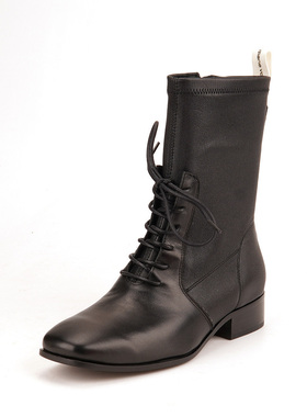 35/37头层牛皮Shellys黑色女英伦风低跟前系带侧拉链中筒机车骑士