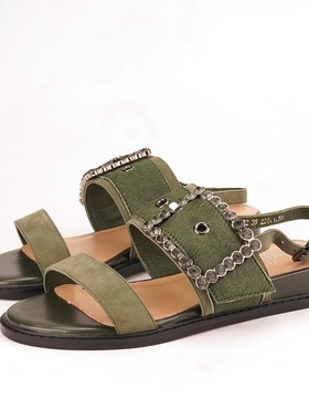 36羊皮Shellys英国 绿色粉色方扣水钻女平底凉鞋休闲时尚舒适春款