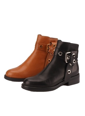 真皮shellys英国 皮带扣粗跟女2023英伦风复古圆头短靴拉链西部靴