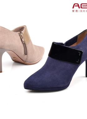 35-39头层羊皮/牛漆皮/Aee爱意 蓝紫色侧拉链高细跟女短靴