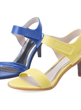 头层羊皮 38 莱尔斯丹le saunda 黄色蓝色夏细高跟凉鞋女细带简洁