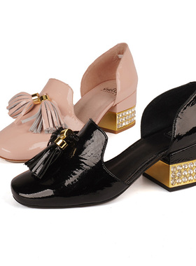 牛漆皮shellyS英国 粉色流苏春夏仙女法式平底鞋低跟单鞋尖头凉鞋