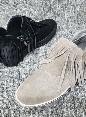 35-36牛皮yueyaer月撤柜女鞋 灰色流苏短靴反毛皮圆头头低跟动感
