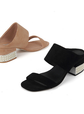 36/羊皮反绒 shellys英国 珍珠跟中跟凉拖鞋女夏外穿一字绒面双带