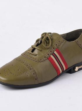 36-37头层牛皮shellys英国复古绿色勃肯女学院平底系带单鞋乐福鞋