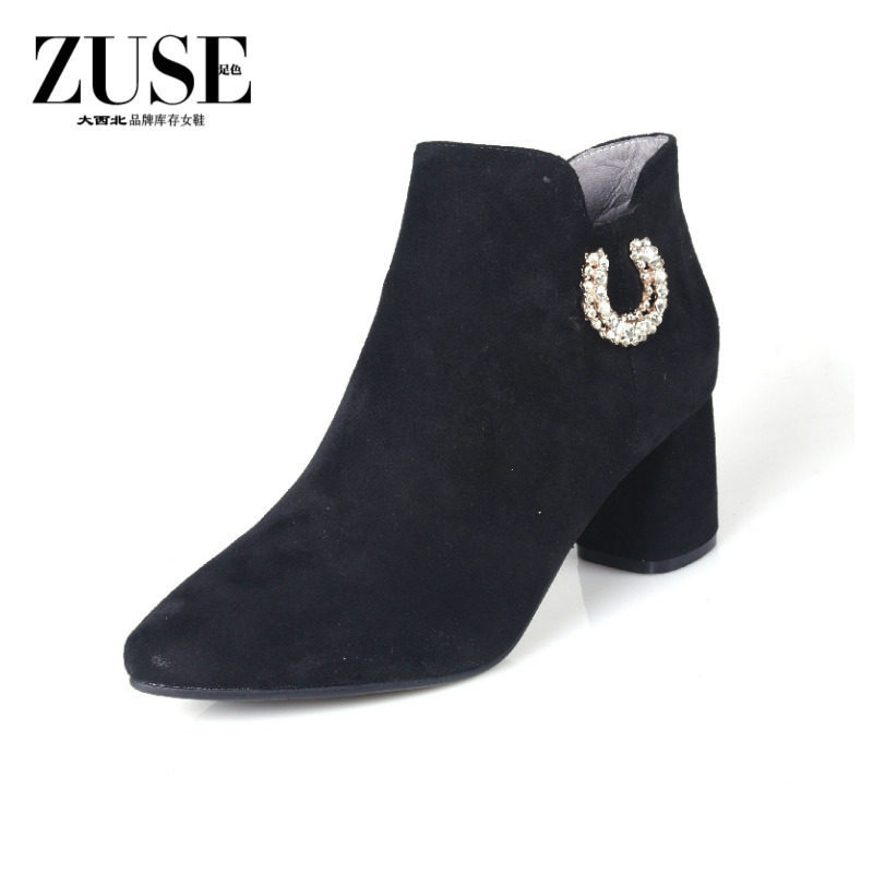 35-39牛皮 BABORER 猪皮里2025冬新款水钻高跟女马丁粗低跟短靴子,女鞋,时装靴,淘宝优惠券,粉丝福利购,淘宝优惠卷