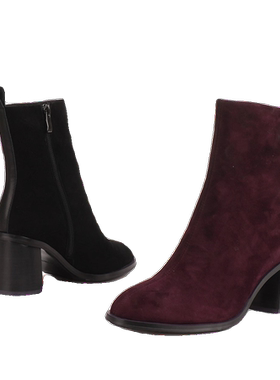 36/38-39羊皮shellys 紫红色冬中筒靴女磨砂皮中跟粗跟瘦瘦靴绒面