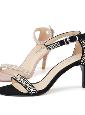 36-39 羊皮shellys英国 重工珍珠露趾水钻宴会高跟鞋细跟细带夏天