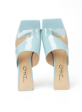 34-39牛漆皮 Diduo迪朵 浅蓝色方头皮拖鞋女夏款复古简约透明粗跟