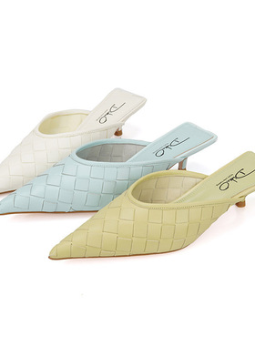 34-39头层羊皮DIDUO浅蓝色少女白色尖头编织带半凉拖鞋外穿细中跟