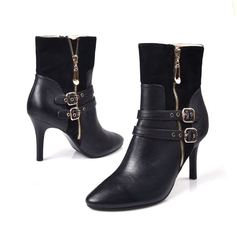 旗下里外全真皮双搭扣拼接短靴