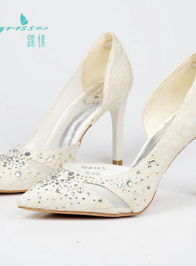36-38蕾丝TS专柜正品 羊皮里白色梦幻夏高跟名媛水钻尖头高跟单鞋