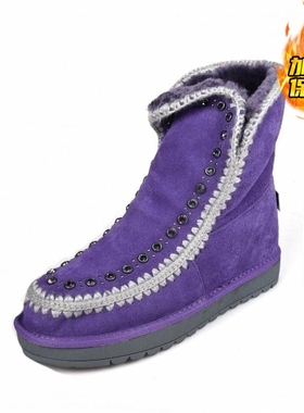 34-35羊皮毛一体ZUSE 紫色粉色雪地靴女满水钻中筒短靴棉鞋冬加绒