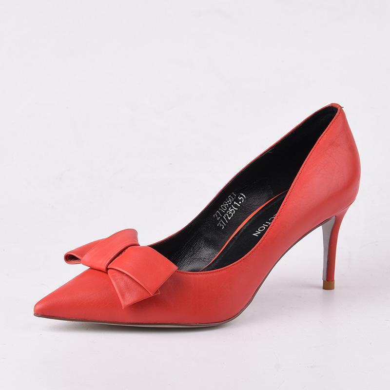 胎牛皮AMIU品牌高跟蝴蝶结红婚鞋