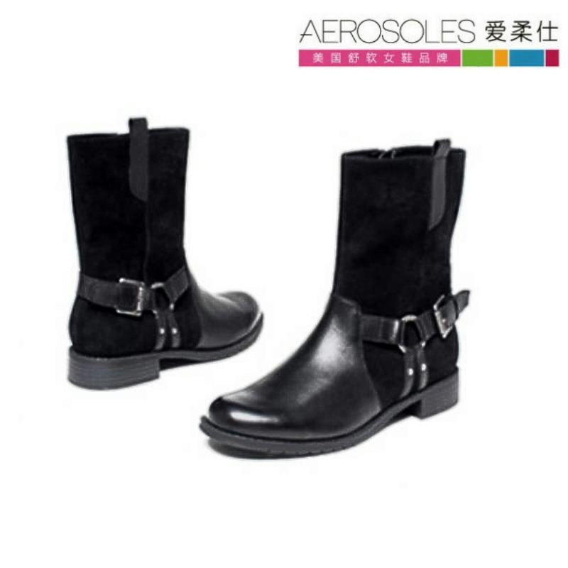 马靴爱柔仕真皮拼接灰色金属扣