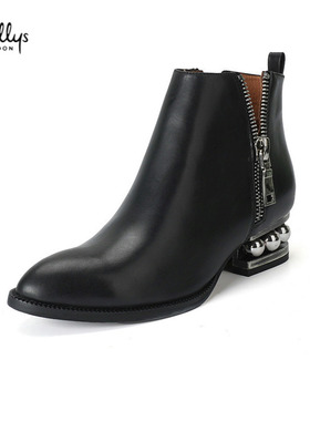 35-37头层牛皮shellys英国2025小众女冬女商场靴子短靴珍珠艺术跟