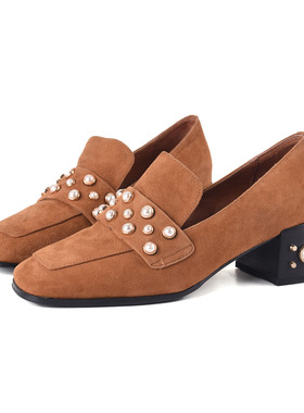 轻熟风珍珠装饰反绒皮玛丽珍鞋女方头粗跟通勤单鞋真皮